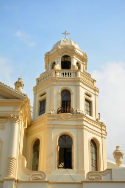 MANILA, PH - OCT. 5: Minor Basilica of the Black Nazarene or also known as Quiapo church bell tower facade on October 5, 2019 in Manila, Philippines.