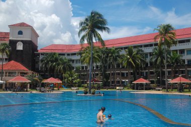 BATANGAS, PH - OCT. 9: Canyon Cove hotel facade and swimming pool on October 9, 2015 in Nasugbu, Batangas, Philippines. Canyon Cove Hotel and Spa consist of hotel, swimming pool and beachfront resort in Batangas.