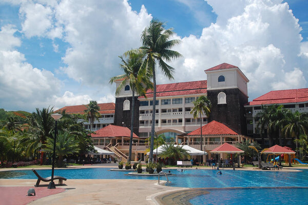 BATANGAS, PH - OCT. 9: Canyon Cove hotel facade and swimming pool on October 9, 2015 in Nasugbu, Batangas, Philippines. Canyon Cove Hotel and Spa consist of hotel, swimming pool and beachfront resort in Batangas.