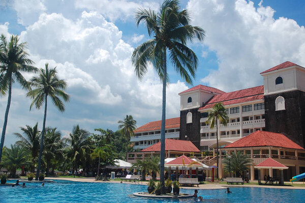 BATANGAS, PH - OCT. 9: Canyon Cove hotel facade and swimming pool on October 9, 2015 in Nasugbu, Batangas, Philippines. Canyon Cove Hotel and Spa consist of hotel, swimming pool and beachfront resort in Batangas.
