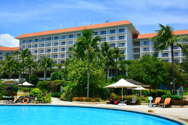 CEBU, PH-OCT. 8: Shangri-La's Mactan Resort and Spa hotel facade and pool on October 8, 2016 in Lapu Lapu, Cebu, Philippines. Its upmarket beachfront resort is 8 km from Mactan-Cebu Int'l Airport.