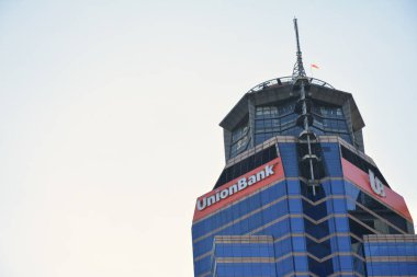 PASIG, PH - MAR. 15: Union Bank Plaza facade on March 15, 2020 in Pasig, Philippines. clipart