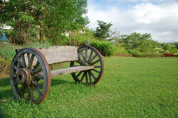 Wooden Bench Wheels Placed Green Grass — Stock Photo, Image