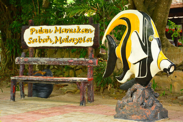 SABAH, MY - JUNE 20: Manukan Island sign on June 20, 2016 in Malaysia. The Manukan Island Resort is a hideaway that is one of the five tropical islands that comprise the Tunku Abdul Rahman Park.