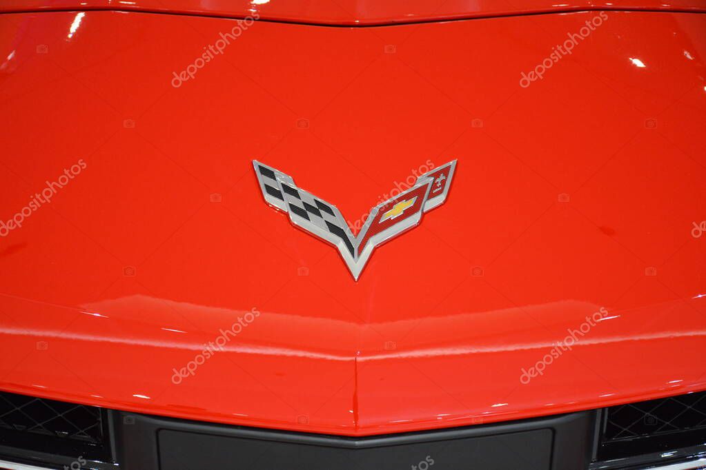 MANDALUYONG, PH - NOV 22 - Chevrolet Corvette Stingray emblem at SM Megamall on November 22, 2018 in Mandaluyong, Philippines.
