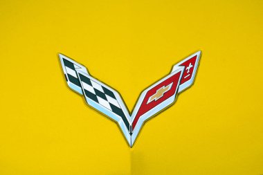 PASIG, PH - MAY 13 - Chevrolet corvette stingray emblem at Hot Import Nights car show on May 13, 2018 in Pasig, Philippines. clipart