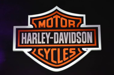 PASIG, PH - MARCH 9 - Harley Davidson motorcycle sign at Ride Ph motorcycle show on March 9, 2019 in Pasig, Philippines. clipart