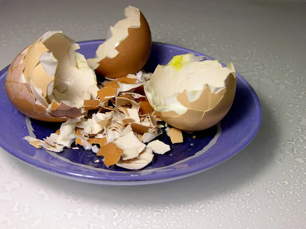 Broken Eggshell Flecked Tiny Dots Blue Saucer Glossy White Surface — Stock Photo, Image