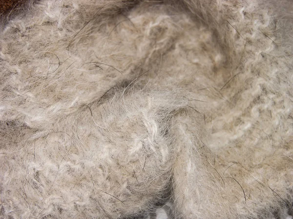 A fragment of a warm medical belt from the down part of the wool of the Siberian husky dog breed, made by hand knitting, handmade. Macro, narrow focus.