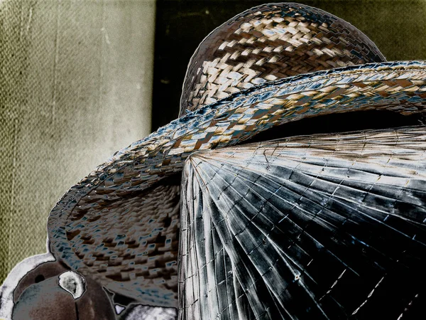 Woven Dry Straw Different Ethnic Hats Interior Abstract Variation Narrow — Stock Photo, Image