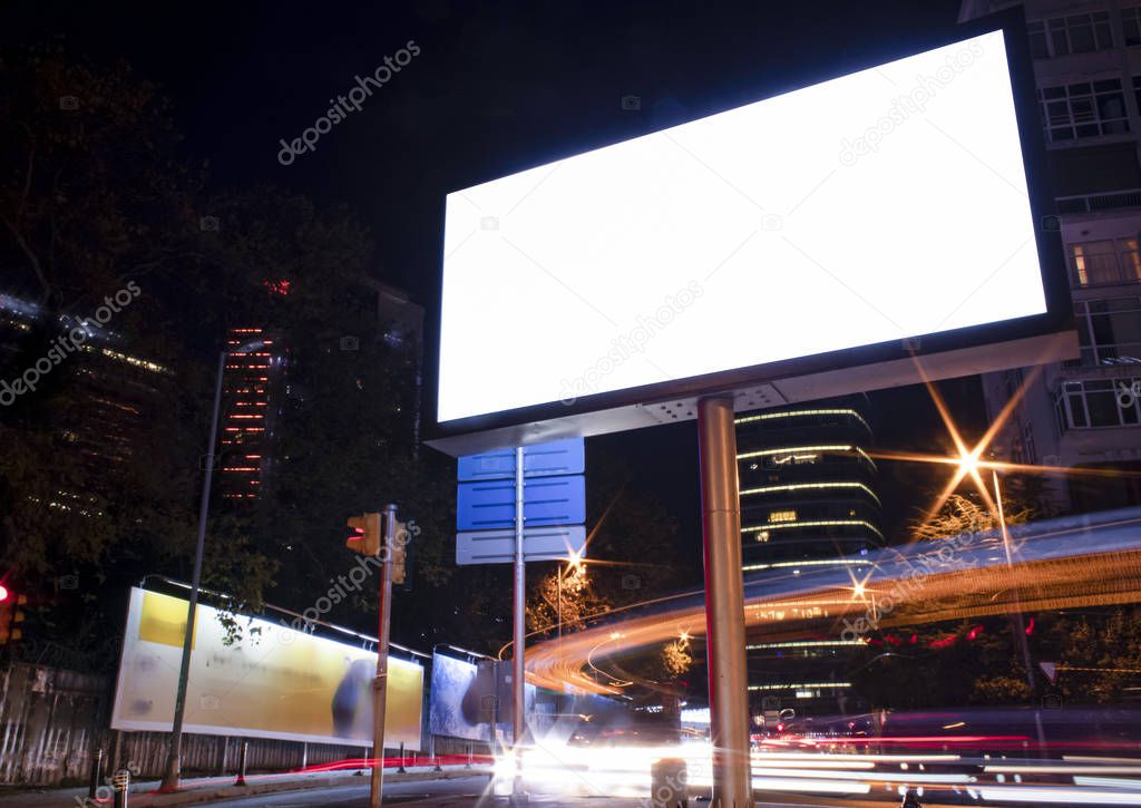 Billboard outdoor, advertising mockup, empty frame copy space for logo and text. Modern flat style signboard. Outdoor street banner night shot, long exposure.