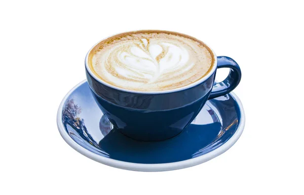 Καφέ latte μπλε κύπελλο σε απομονωμένο λευκό φόντο, ποτό αποκοπής — Φωτογραφία Αρχείου