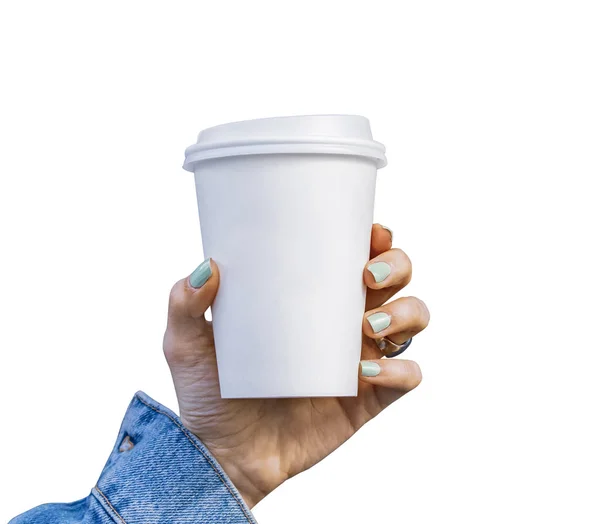 Burla de la mano femenina sosteniendo una taza de papel de café aislado fondo blanco —  Fotos de Stock