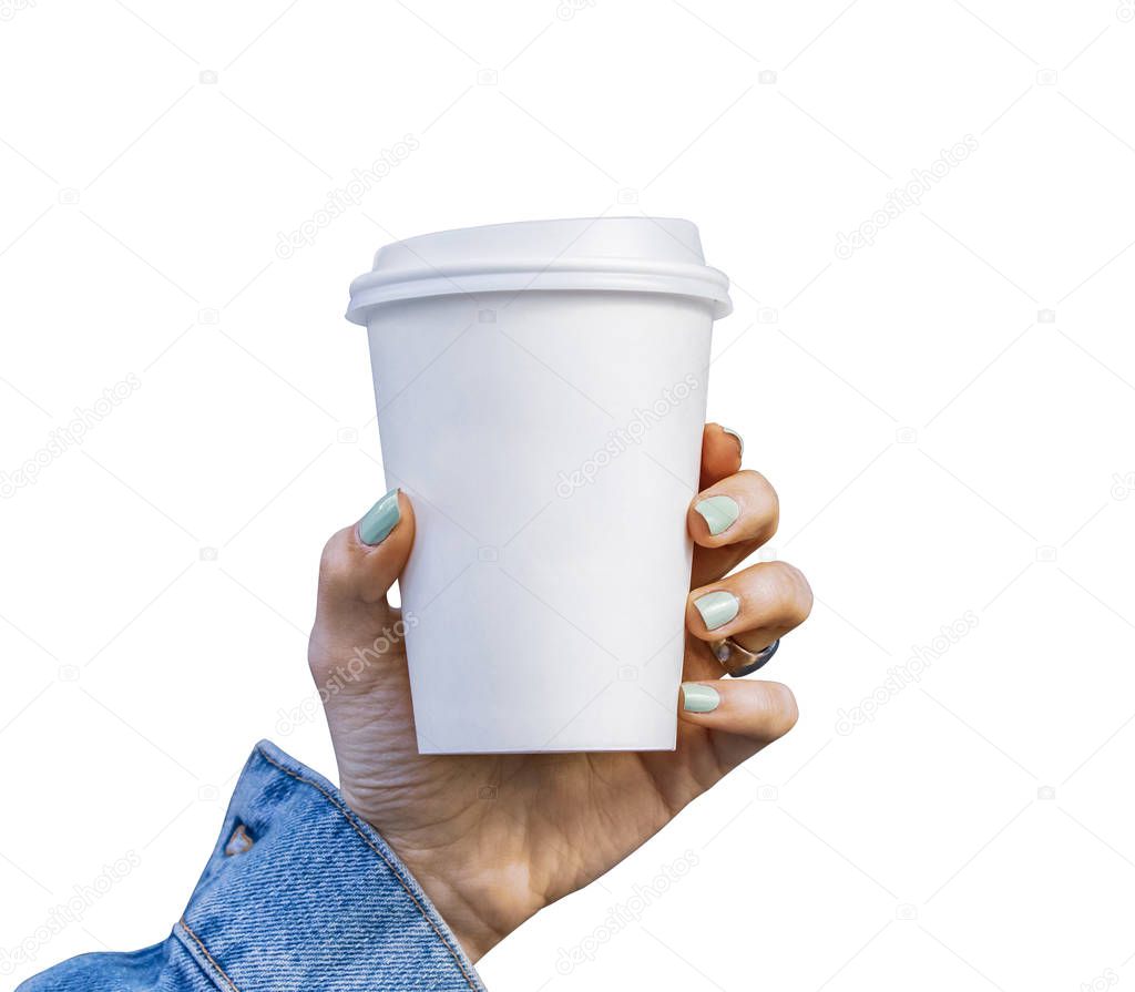 Mockup of female hand holding a Coffee paper cup isolated white background