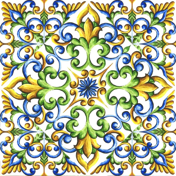 Watercolor Ornament Ceramic Tile Wallpaper Textile Majolica — Stock Photo, Image