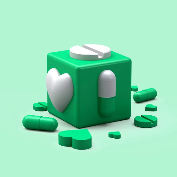 Ilustración abstracta del cubo con pastillas y medicamentos. - 3d renderizado — Foto de Stock