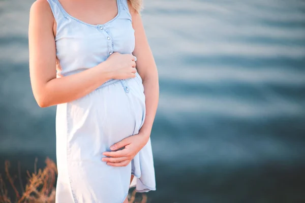 Pregnant Woman Wearing Denim Dress Standing Sea Background Closeup Healthy — 图库照片