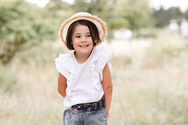 Funny Baby Girl Year Old Having Fun Outdoors Wearing Summer — Stok fotoğraf