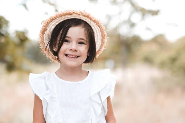 Cute Smiling Baby Girl Year Old Wearing Straw Hat Short — ストック写真