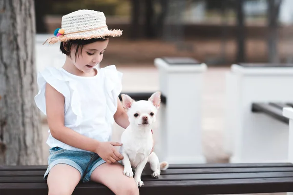 Bonito Menina Elegante Anos Idade Sentado Com Cão Estimação Parque — Fotografia de Stock