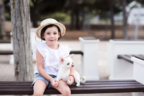 Cute Child Girl Year Old Chihuahua Puppy Park Outdoors Friendship — 图库照片