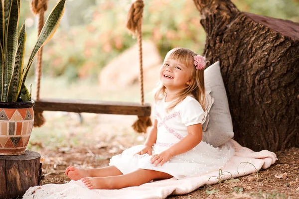 Laughing Baby Girl Year Old Wearing Princess Dress Outdoors Hapiness — Stockfoto