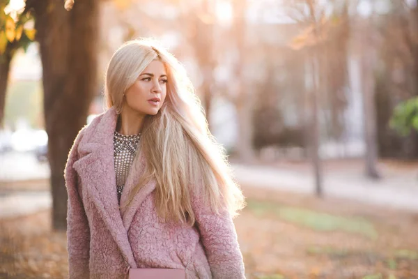 Stylish Blonde Woman Long Hair Wearing Pink Fluffy Winter Coat — Stock Photo, Image