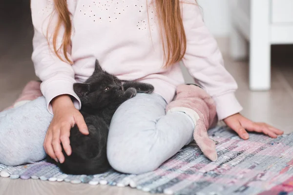 可爱困倦的小猫靠在女婴的手上特写 — 图库照片