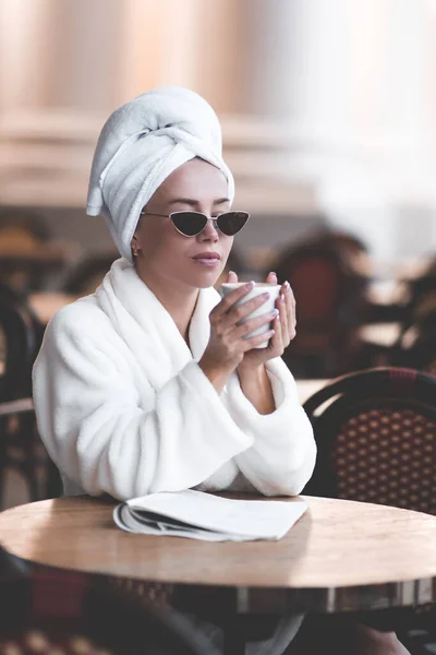 Stylish Woman Year Old Drinking Fresh Morning Coffee Wearing Bathrobe — Stock Photo, Image