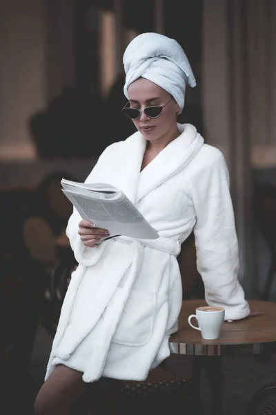Stylish Woman Wearing Bathrobe Bath Towel Holding Fresh Magazine Posing — Stock Photo, Image