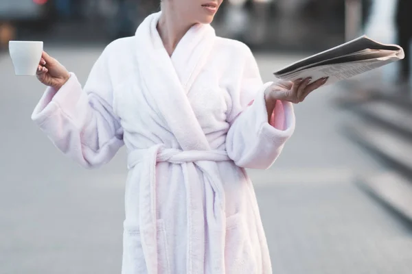 Woman Wearing White Bathrobe Holding Fresh Magazine Cup Coffee Standing — Stock Photo, Image