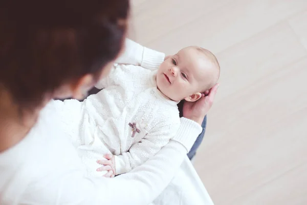 Happy Baby Year Old Lying Mother Hands Room Looking Each — Stock Photo, Image