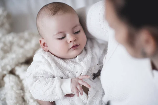 Cute Baby Year Old Lying Mother Hands Room Closeup Good — Stock Photo, Image