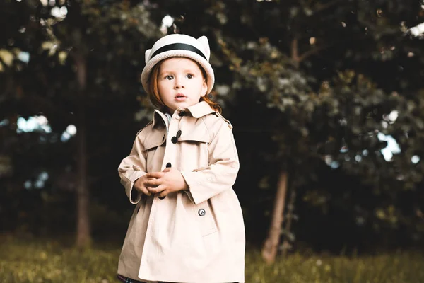Stylish Baby Girl Year Old Wearing Trendy Trench Outdoors Closeup — Stock Photo, Image