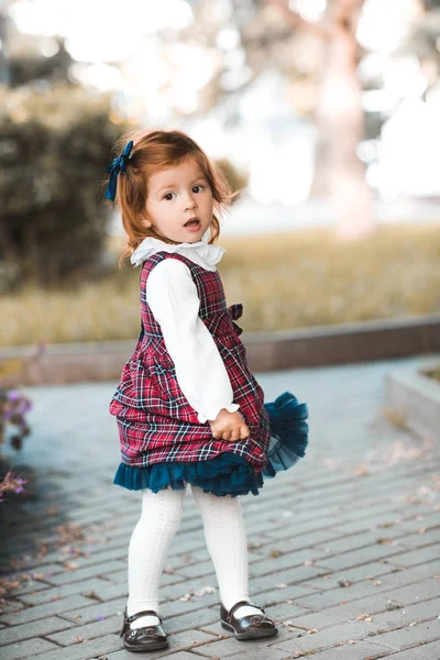 Carino Neonata Anni Indossa Abito Elegante Posa Nel Parco All — Foto Stock