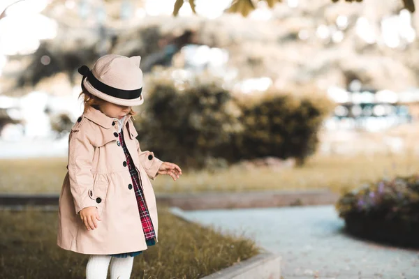 Stylish Kid Girl Year Old Wearing Autumn Jacket Outdoors — Stock Photo, Image