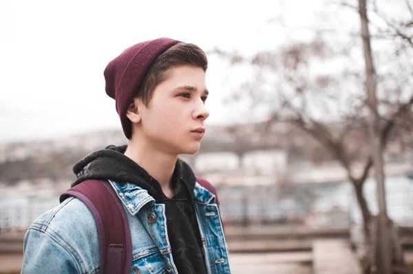 Stylish Teen Boy Year Old Wearing Knitted Hand Denim Jacket — Stock Photo, Image