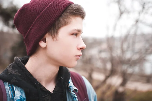 Portrait Teen Boy Year Old Wearing Knitted Hat Outdoors Close — Stock Photo, Image