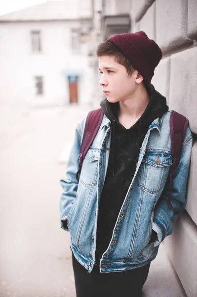 Stylish Teen Boy Year Old Wearing Denim Jacket Knitted Hat — Stock Photo, Image