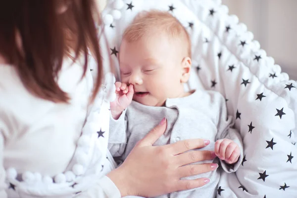 Cute Baby Boy Sleeping Mother Hands Closeup Motherhood Maternity Top — Stock Photo, Image
