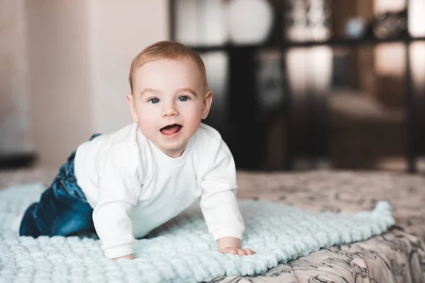 Cute Baby Boy Wearing Stylish Clothes Crawling Bed Looking Camera — Stock Photo, Image