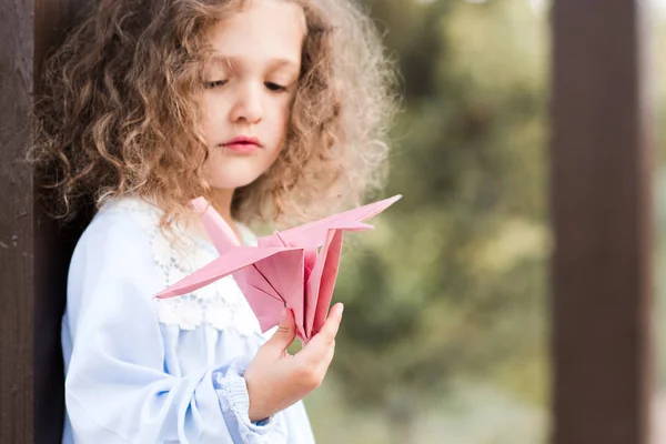 Cute Pupil Baby Girl Year Old Holding Origami Paper Crane — Stock Photo, Image