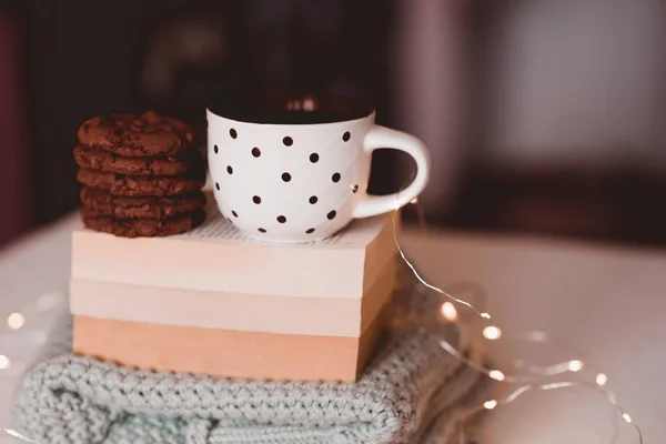 Tasty Chocolate Cookies Fresh Hot Tea Open Books Knitted Sweater — Stock Photo, Image