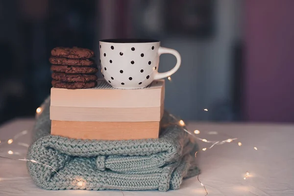 Winter Season Concept Cup Hot Tea Cookies Open Books Knitted — Stock Photo, Image