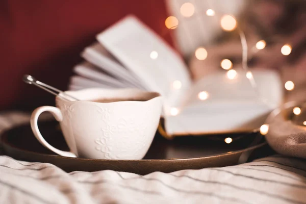 Cup Black Tea Open Book Lights Closeup Good Morning — Stock Photo, Image