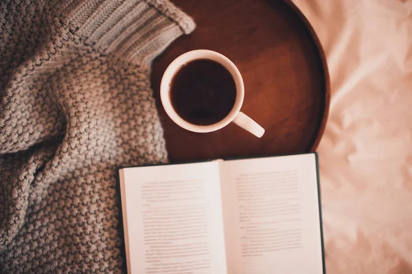 Morning Cup Fresh Tea Open Book Knitted Sweater Closeup Top — Stock Photo, Image