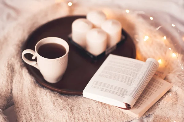 Cup Tea Open Book Cabdles Bed Close Good Morning — Stock Photo, Image