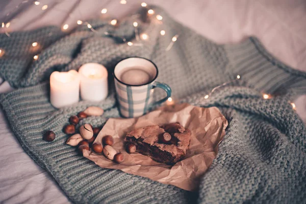 Winter Concept Cup Hot Coffee Chocolate Pie Nuts Burning Candles — Stock Photo, Image