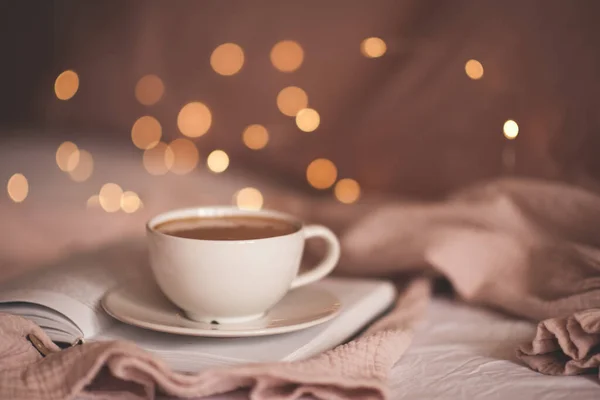 Cup Tasty Coffee Paper Book Glowing Lights Closeup Good Morning — Stock Photo, Image