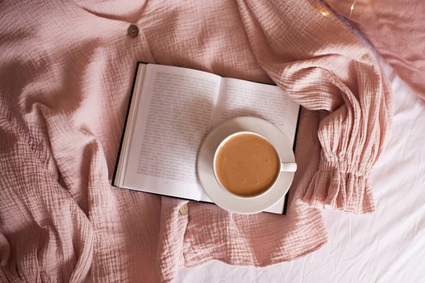 Fresh Morning Coffee Open Book Bed Closeup Top View Breakfast — Stock Photo, Image